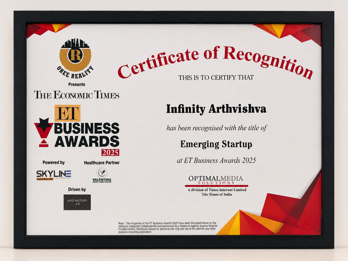 ET Business Awards Certificate
